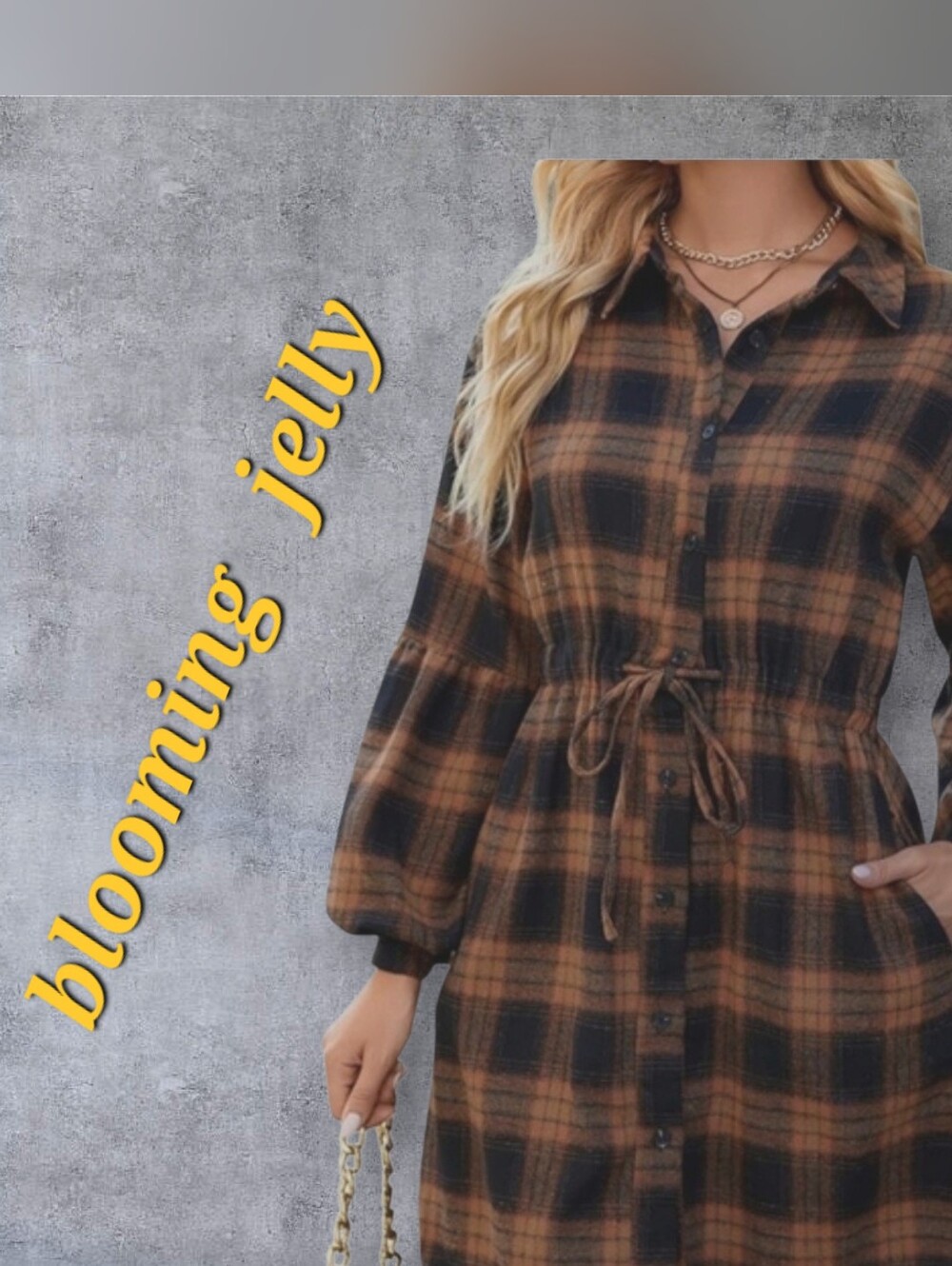 Blooming Jelly Brown & Black Plaid Tie-Waist Shirt Dress New L